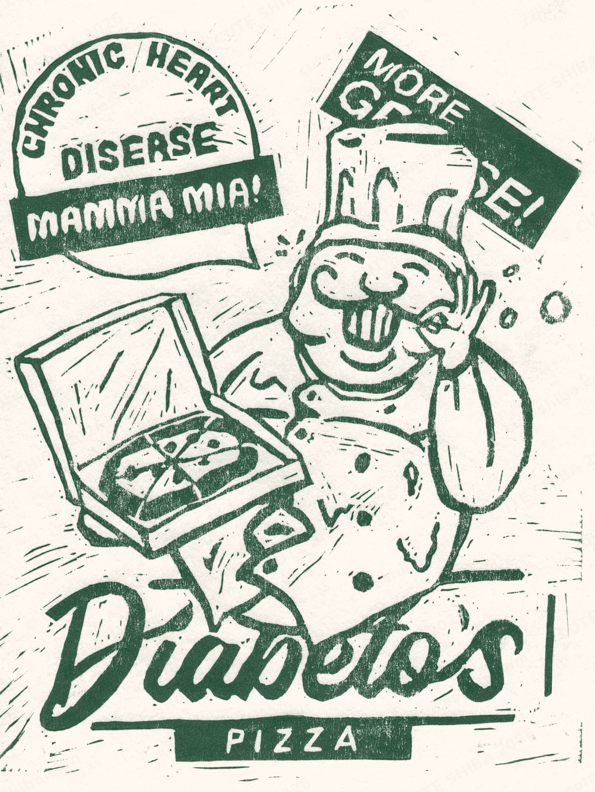 Diabeto's Pizza green lino print by Cute Shiba