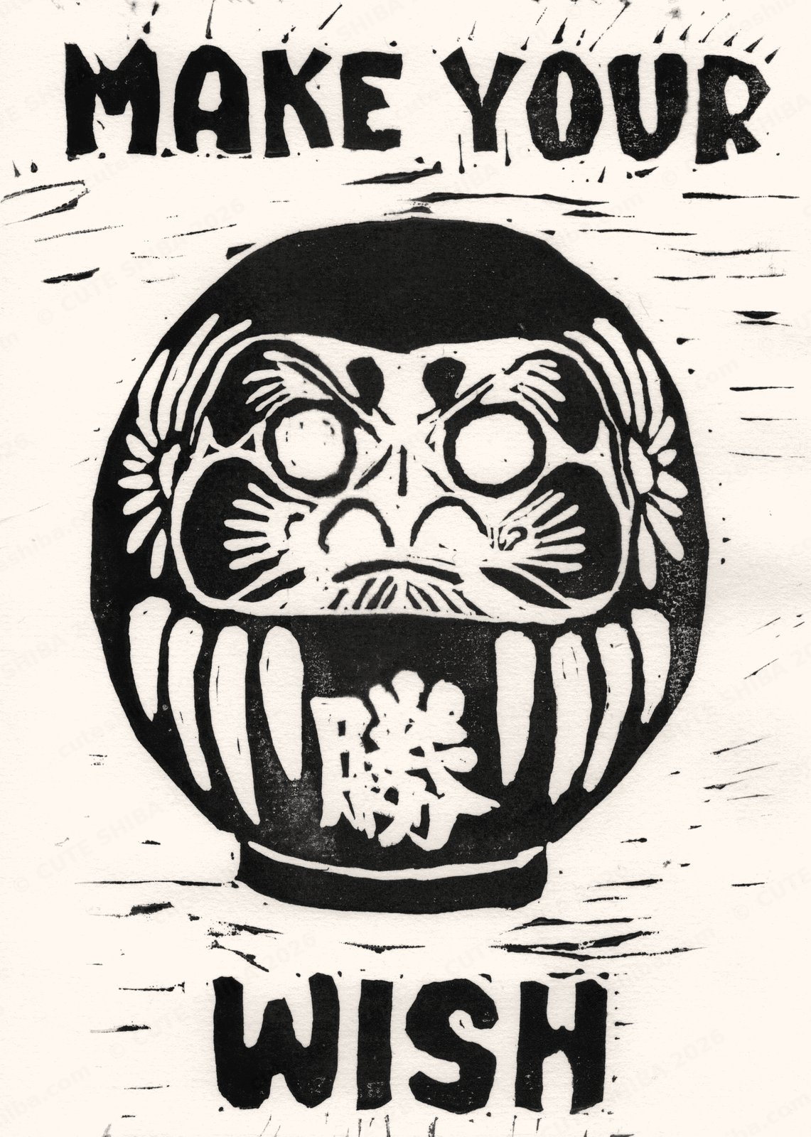 Make Your Wish daruma lino print by Cute Shiba