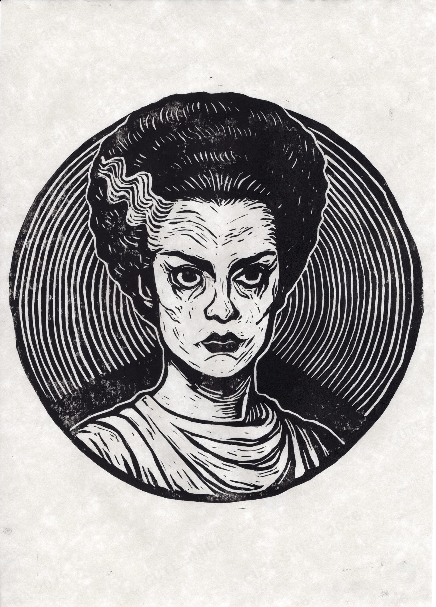 Lino print portrait of the Bride with tall streaked hair