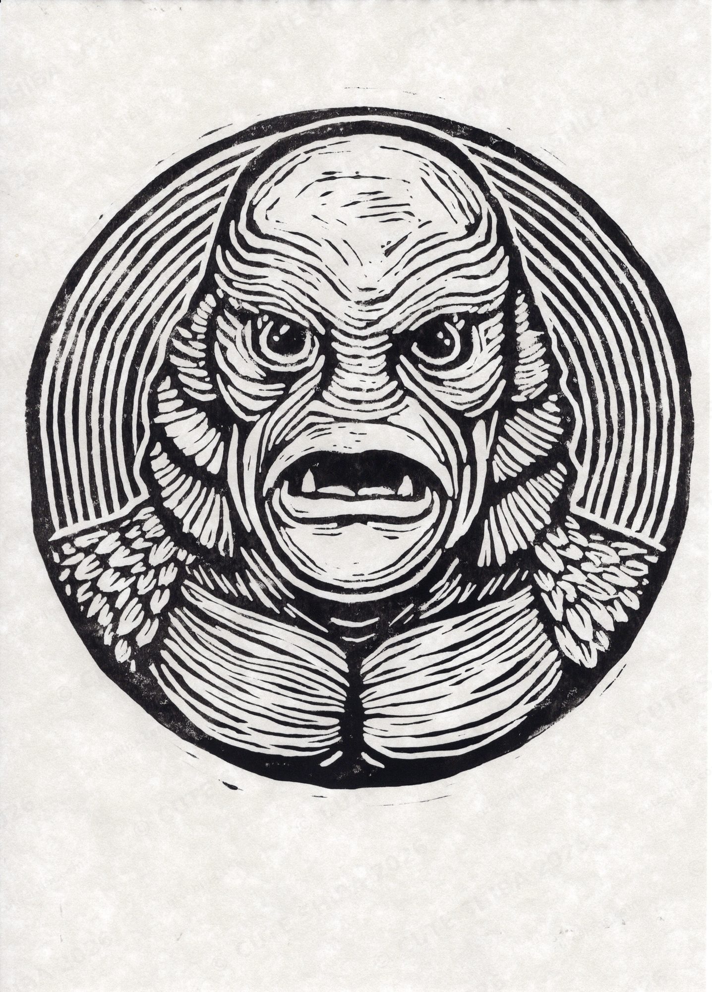 Lino print portrait of a gilled amphibian creature in a circular frame