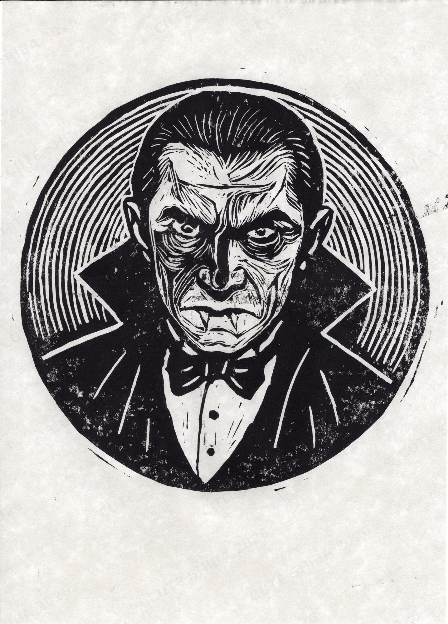 Lino print portrait of Count Dracula in a high collar and bow tie