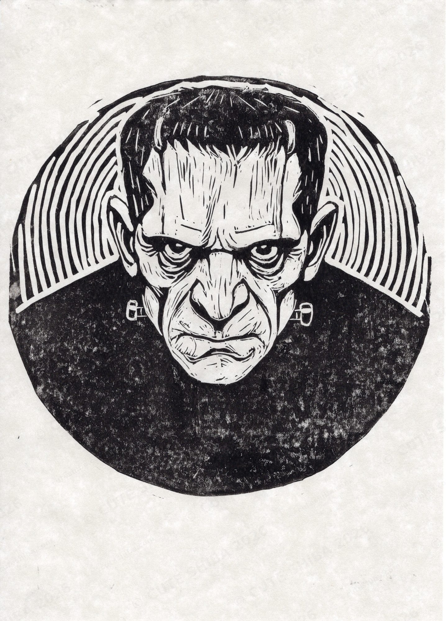 Lino print portrait of Frankenstein's monster with neck bolts