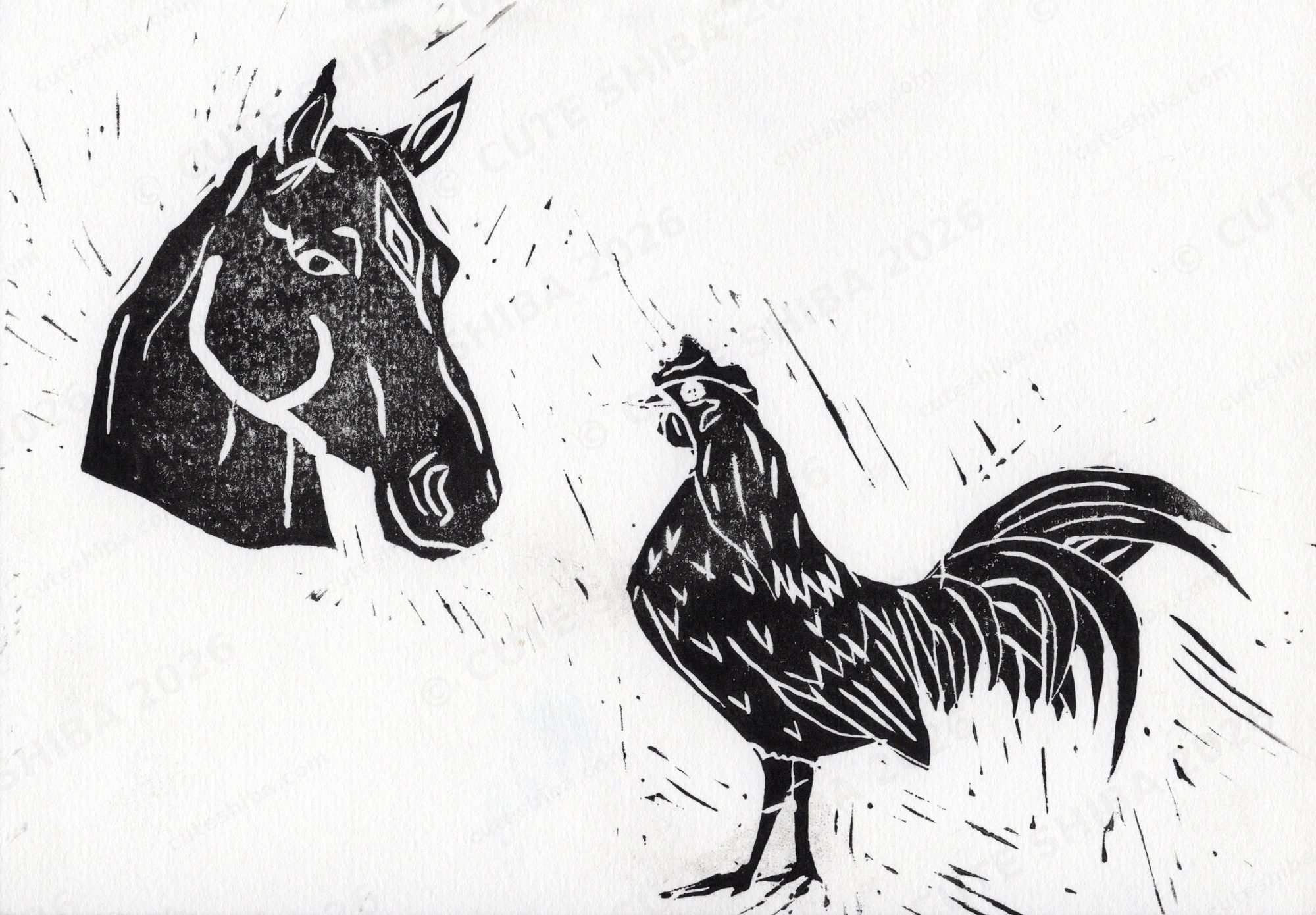 Lino print of a horse head facing a rooster in black ink