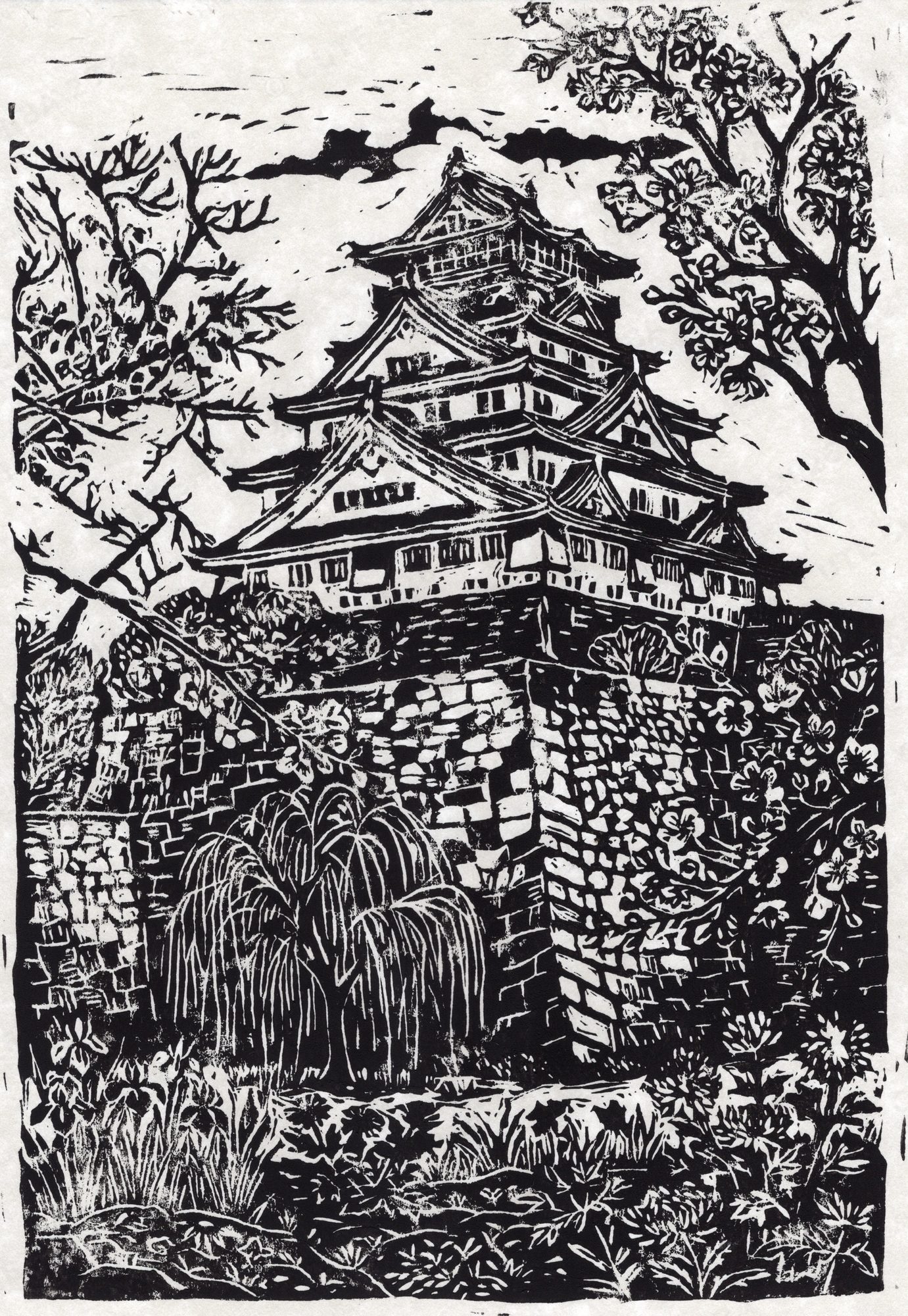 Lino print of a Japanese castle framed by cherry blossom