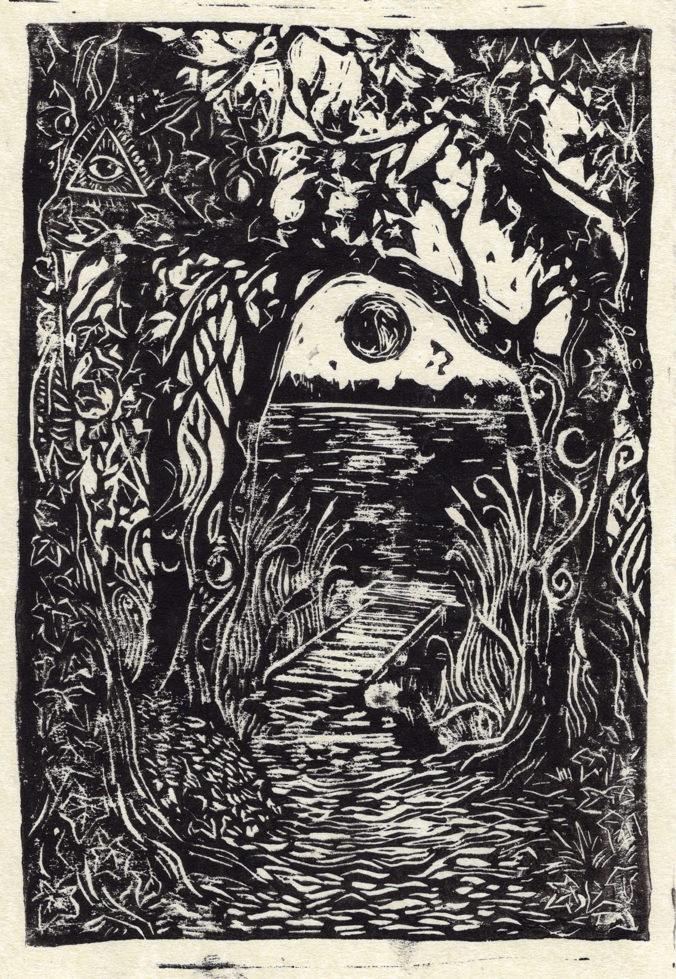 An all-seeing eye watching over a moonlit forest lake, black-ink lino print