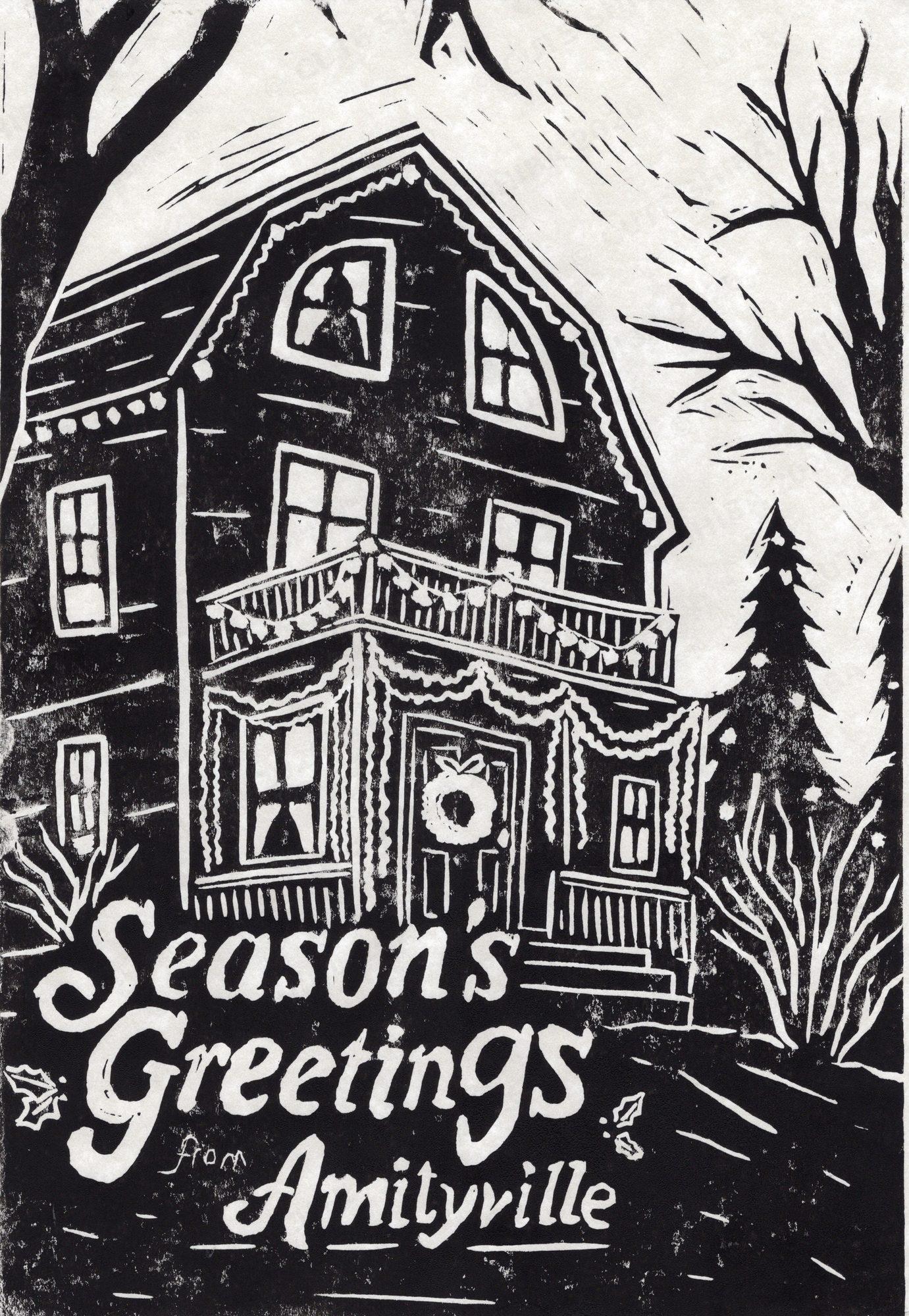Season's Greetings from Amityville — A4 Lino Print Lino print of a decorated haunted house reading Season's Greetings from Amityville