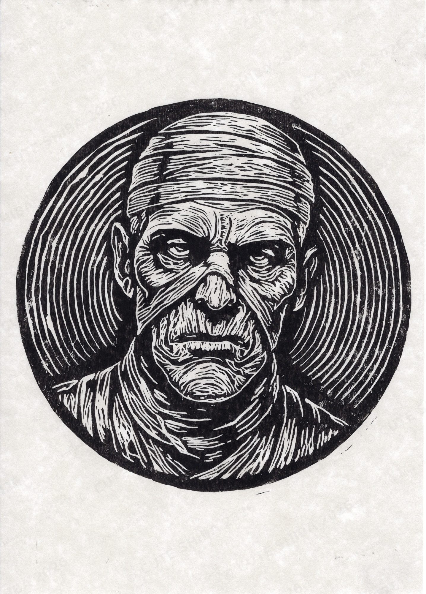 Lino print portrait of a bandaged mummy in a circular frame