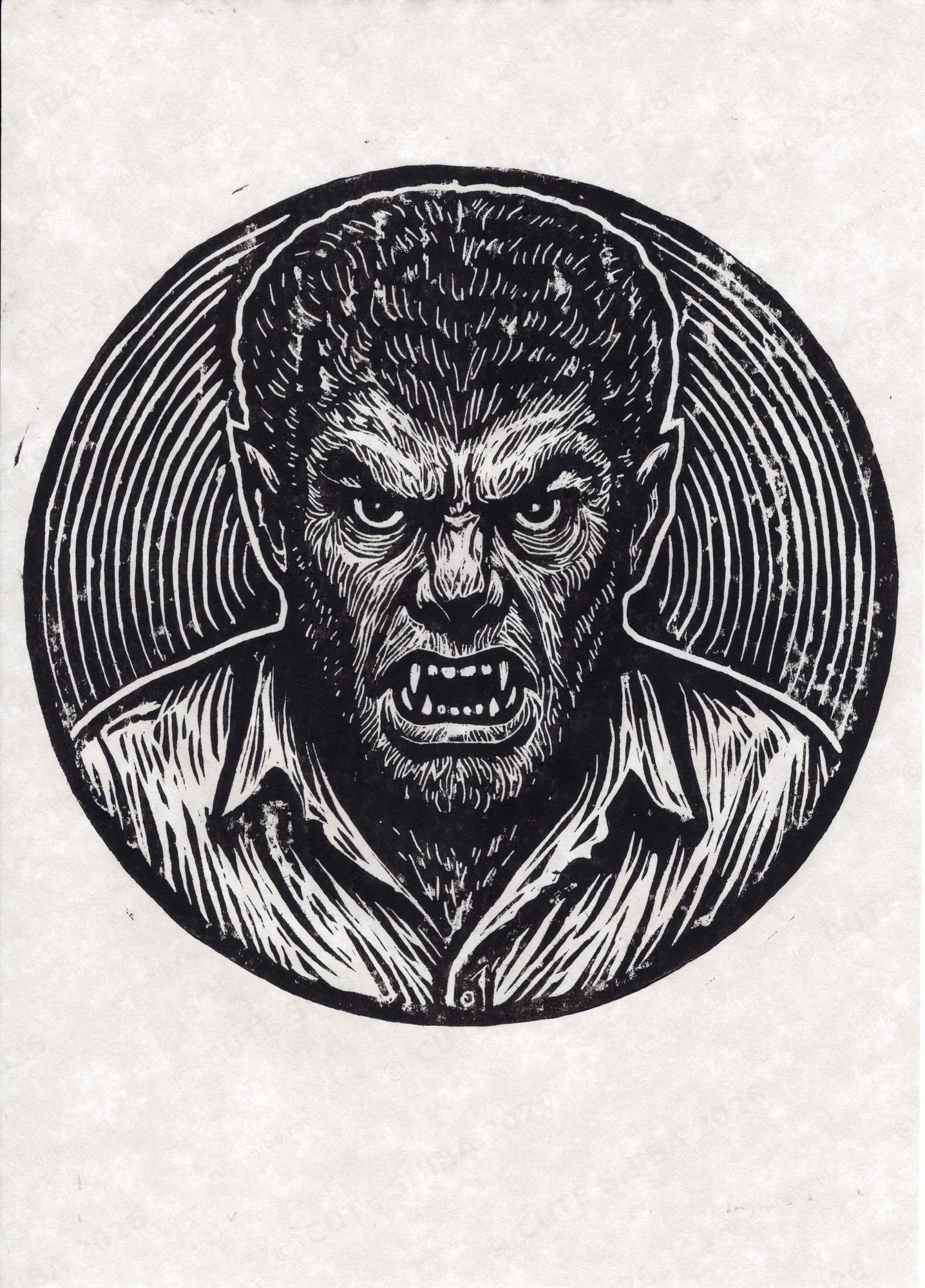 Lino print portrait of a snarling werewolf in a circular frame